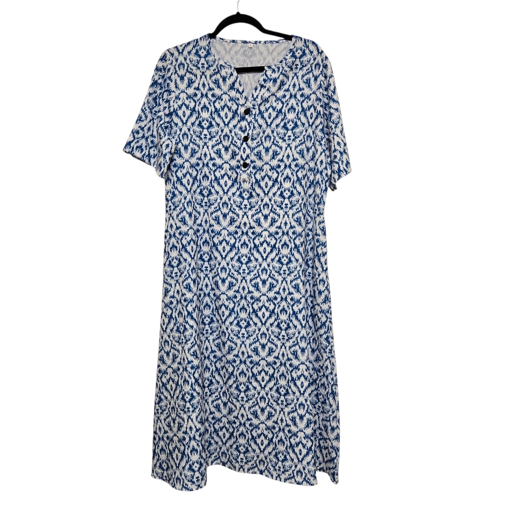 Womens Blue And White Patterned Short Sleeve Midi Dress With Pockets Size Large